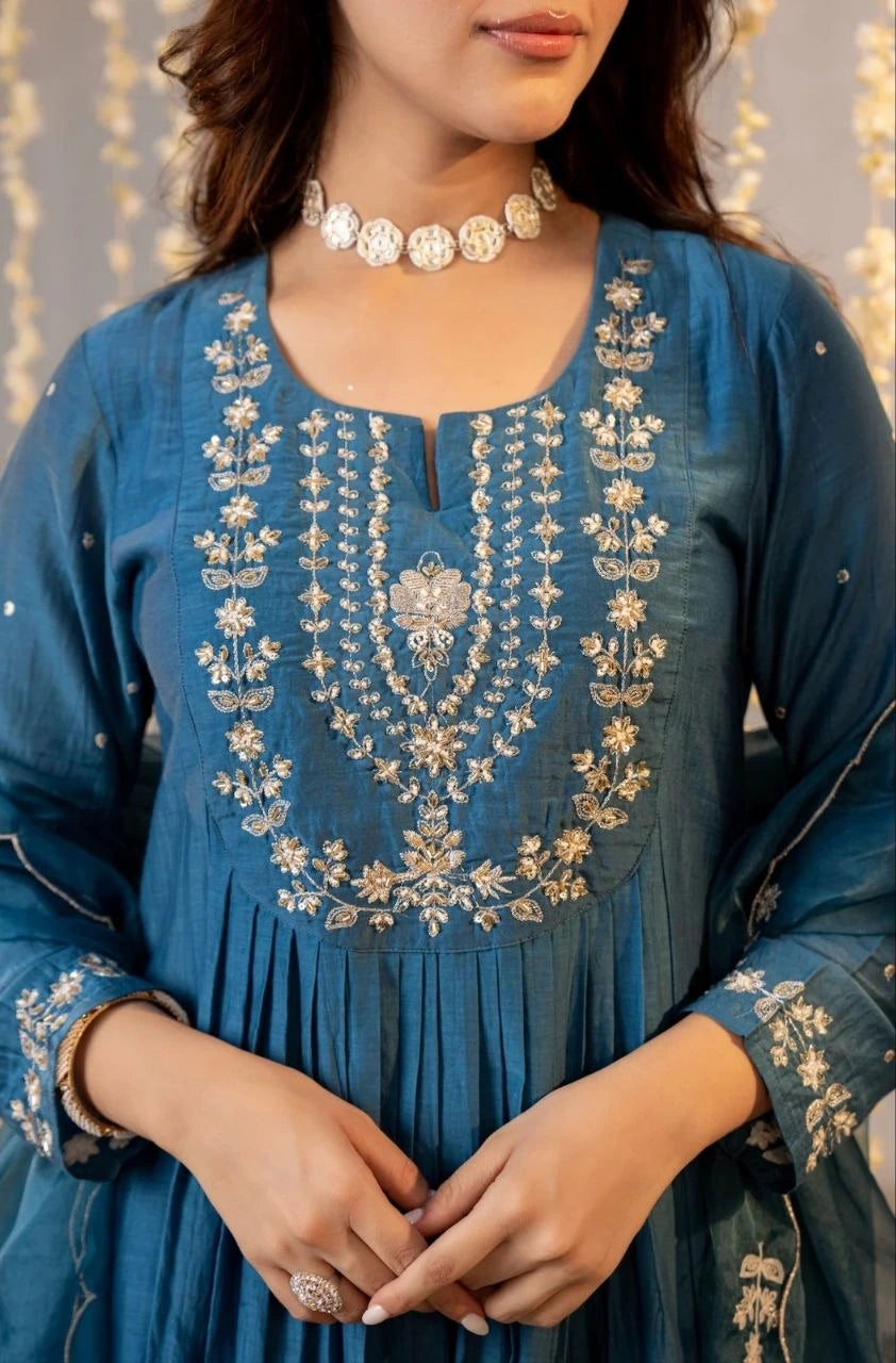 Dark Turquoise Chanderi Silk Kurti Kalyanja Fashion